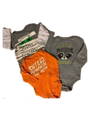 Old Navy Onesies 3-6m Mummy Raccoon Pumpkin Orange Gray White Lot/3 Long Sleeves